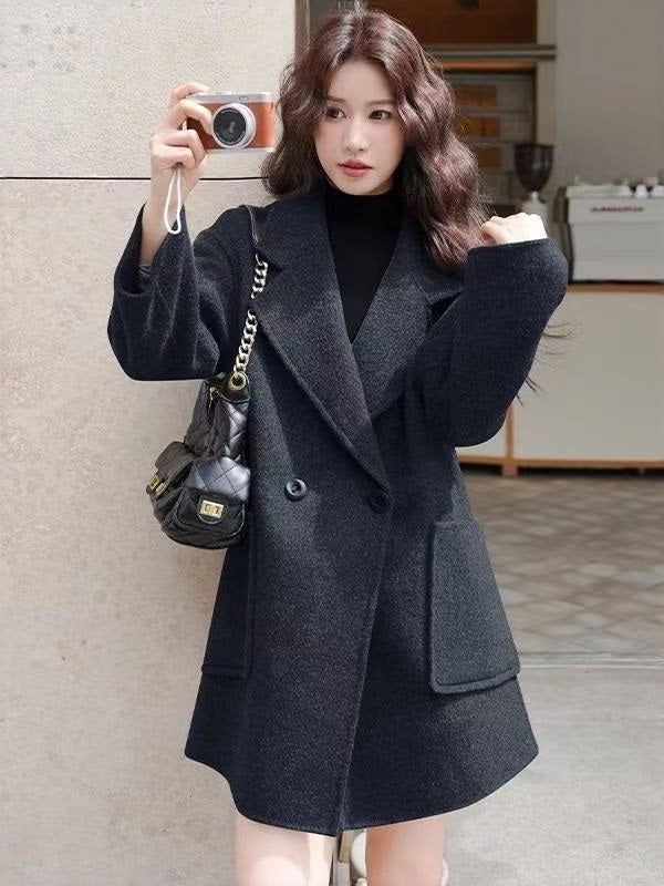 Women's Mid-Length Gray Double-Sided Cashmere Coat | New Autumn & Winter Style, High-End Korean Loose Fit, Woolen Outerwear for Petite Figures