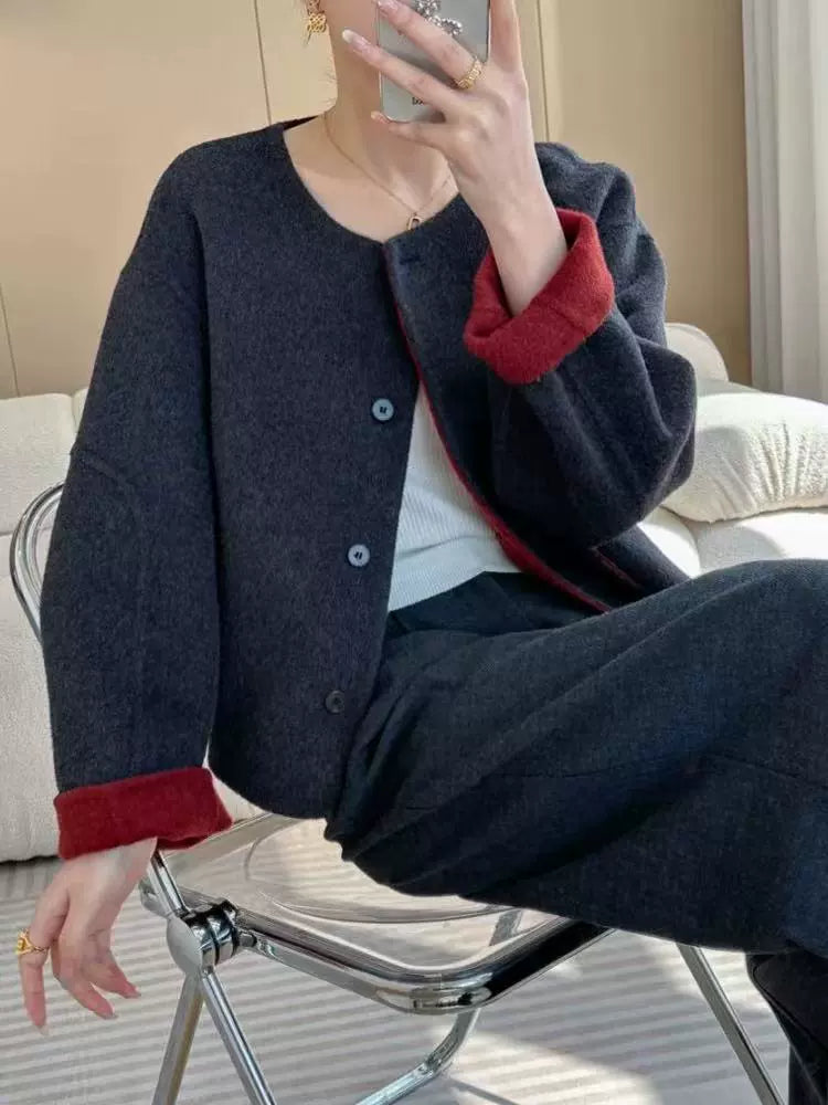 Women's 2025 Autumn Short Double-faced Wool Coat | Retro Color-blocking High-end Tweed Round Neck Slim Outerwear