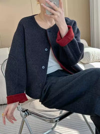 Women's 2025 Autumn Short Double-faced Wool Coat | Retro Color-blocking High-end Tweed Round Neck Slim Outerwear