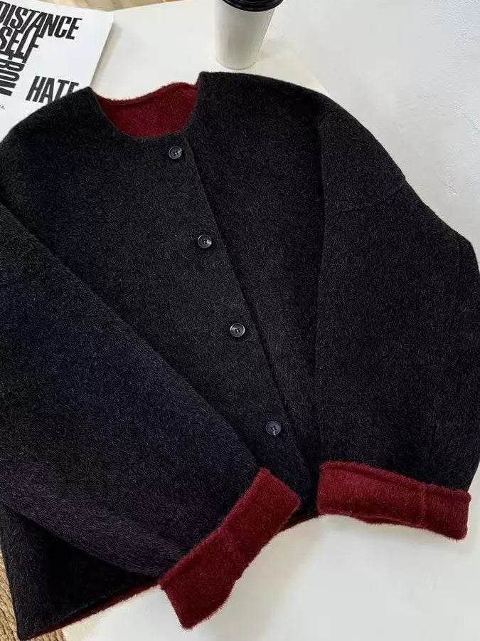 Women's 2025 Autumn Short Double-faced Wool Coat | Retro Color-blocking High-end Tweed Round Neck Slim Outerwear