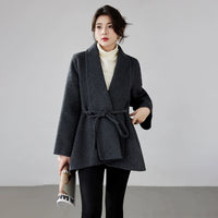 Women's 2025 A/W New Korean Petite Double-sided Cashmere Coat | Robe-style Tie Waist Woolen Outerwear