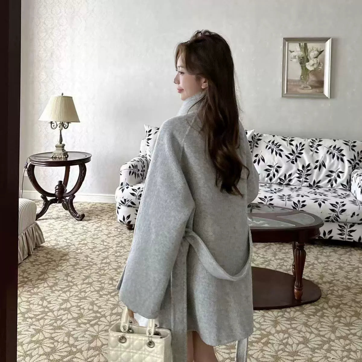 2025 Autumn & Winter New Women's Double-Sided Cashmere Coat with Purple Fox Fur Collar - Elegant Bow-Detailed Woolen Outerwear