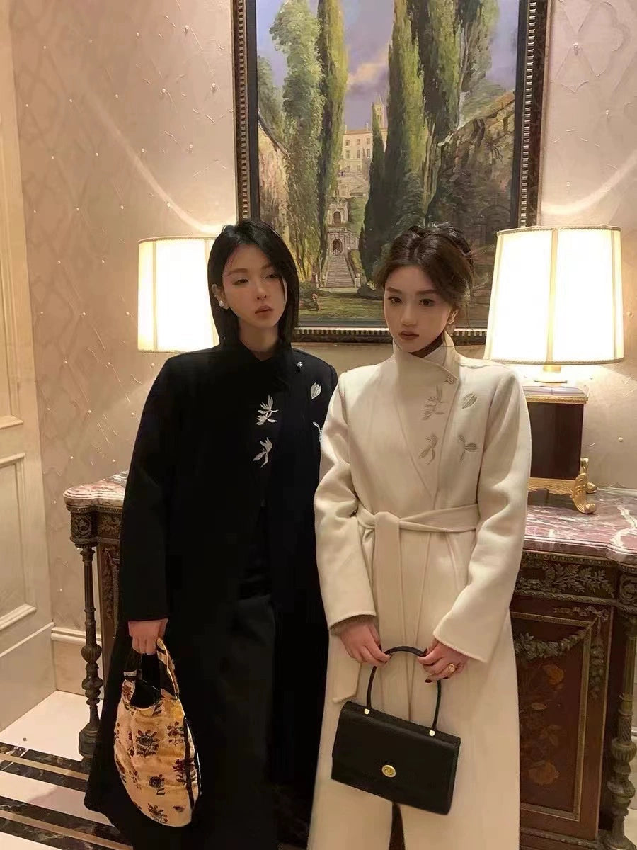 Women's 2025 A/W New Chinese Stand-up Collar Double-faced Cashmere Coat | Embroidered Long Woolen Outerwear