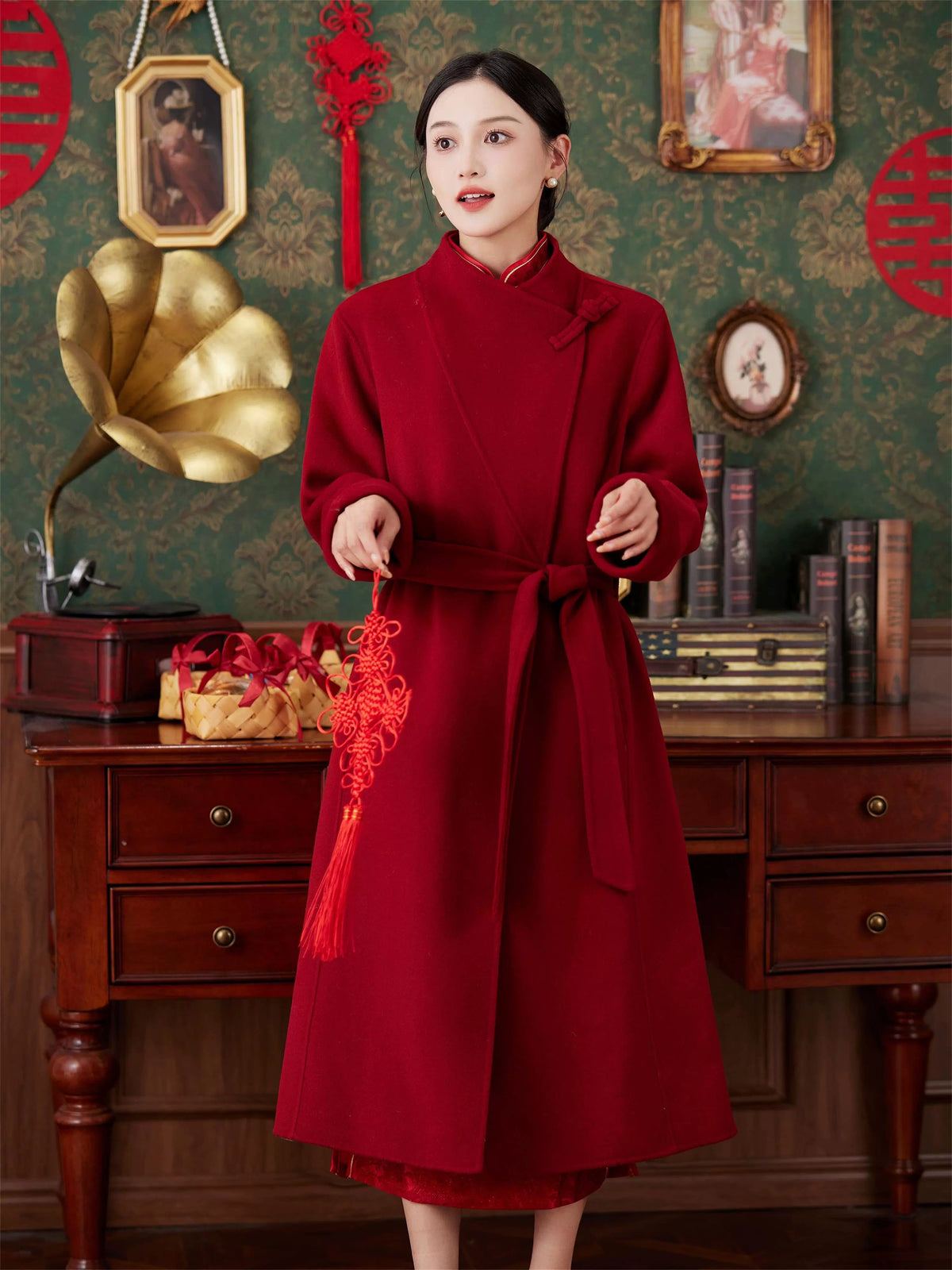 Women's 2025 A/W New Chinese National Wind Black Double-sided Cashmere Coat | Retro Button Mid-length Woolen Outerwear