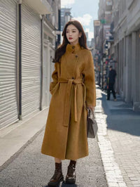 Women's 2025 A/W New High-end Stand-up Collar Double-faced Cashmere Coat |Loose Waist-cinching Mid-length Outerwear
