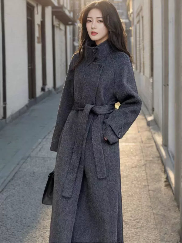 Women's 2025 A/W New High-end Stand-up Collar Double-faced Cashmere Coat |Loose Waist-cinching Mid-length Outerwear