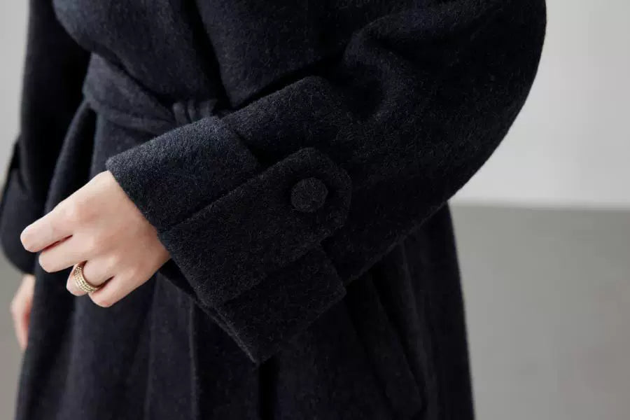 Fineryclothes Women's High-end Mid-length Blue Double-sided Cashmere Coat | Casual Style, Classic Wide Lapel Woolen Outerwear