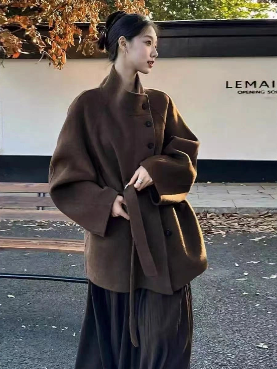 2025 AW New Women's Stand-Collar Double-Sided Cashmere Coat - Short Belted Woolen Outerwear