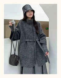 Women's High-End Double-Faced Cashmere Coat, New Autumn & Winter Style, Korean Version, Loose Cloak with Stand Collar, Waist-Tie Slim-Fit Design