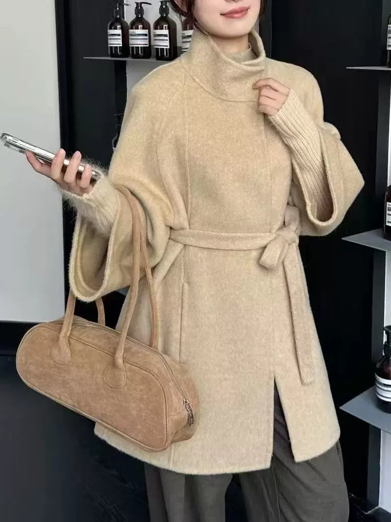 Women's High-End Double-Faced Cashmere Coat, New Autumn & Winter Style, Korean Version, Loose Cloak with Stand Collar, Waist-Tie Slim-Fit Design