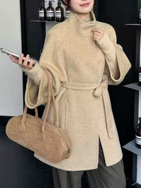 Women's High-End Double-Faced Cashmere Coat, New Autumn & Winter Style, Korean Version, Loose Cloak with Stand Collar, Waist-Tie Slim-Fit Design