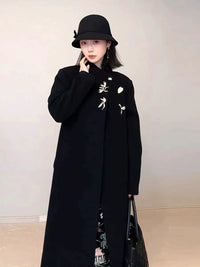 Women's 2025 A/W New Chinese Stand-up Collar Double-faced Cashmere Coat | Embroidered Long Woolen Outerwear