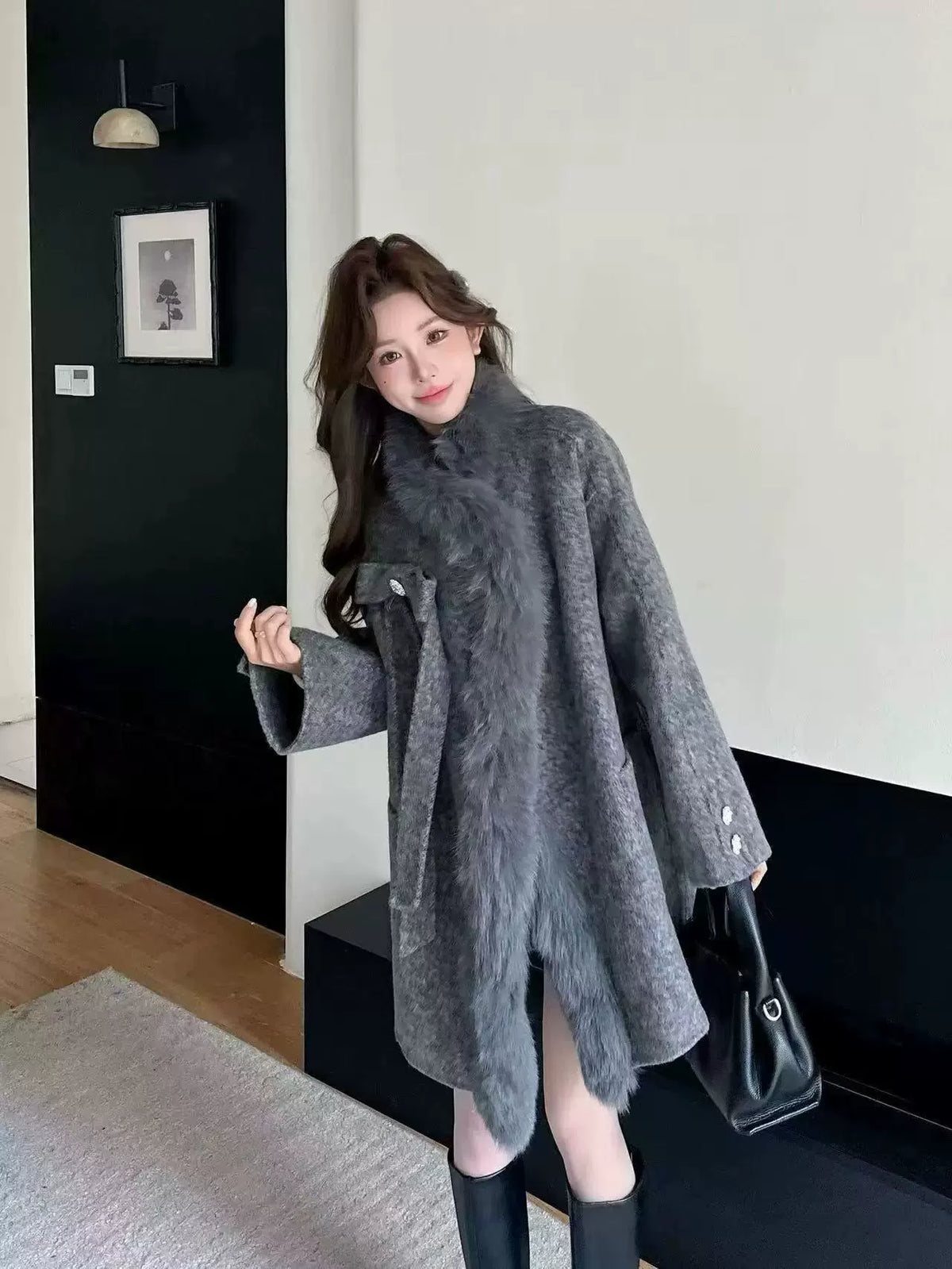 2025 Autumn & Winter New Women's Double-Sided Cashmere Coat with Purple Fox Fur Collar - Elegant Bow-Detailed Woolen Outerwear