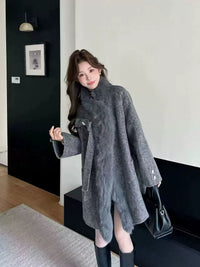 2025 Autumn & Winter New Women's Double-Sided Cashmere Coat with Purple Fox Fur Collar - Elegant Bow-Detailed Woolen Outerwear