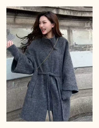 Women's High-End Double-Faced Cashmere Coat, New Autumn & Winter Style, Korean Version, Loose Cloak with Stand Collar, Waist-Tie Slim-Fit Design