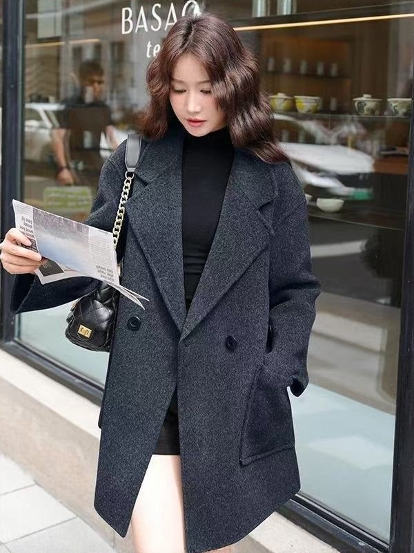 Women's Mid-Length Gray Double-Sided Cashmere Coat | New Autumn & Winter Style, High-End Korean Loose Fit, Woolen Outerwear for Petite Figures