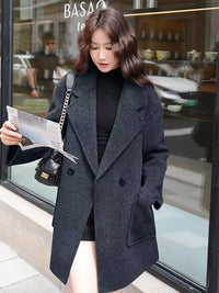 Women's Mid-Length Gray Double-Sided Cashmere Coat | New Autumn & Winter Style, High-End Korean Loose Fit, Woolen Outerwear for Petite Figures