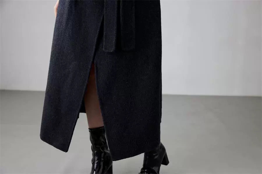 Fineryclothes Women's High-end Mid-length Blue Double-sided Cashmere Coat | Casual Style, Classic Wide Lapel Woolen Outerwear