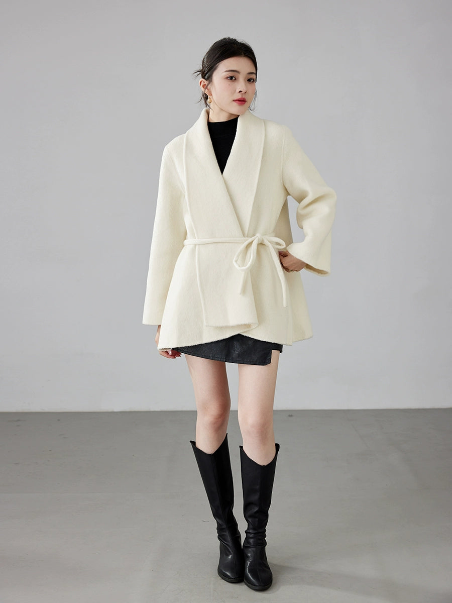 Women's 2025 A/W New Korean Petite Double-sided Cashmere Coat | Robe-style Tie Waist Woolen Outerwear
