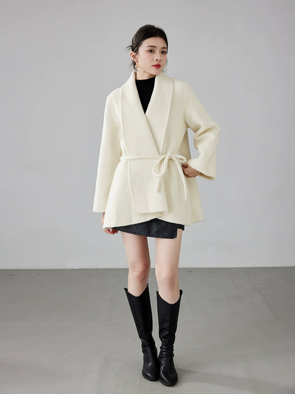Women's 2025 A/W New Korean Petite Double-sided Cashmere Coat | Robe-style Tie Waist Woolen Outerwear