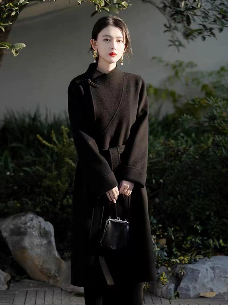 Women's 2025 A/W New Chinese National Wind Black Double-sided Cashmere Coat | Retro Button Mid-length Woolen Outerwear