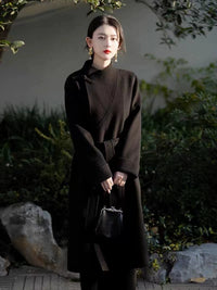 Women's 2025 A/W New Chinese National Wind Black Double-sided Cashmere Coat | Retro Button Mid-length Woolen Outerwear