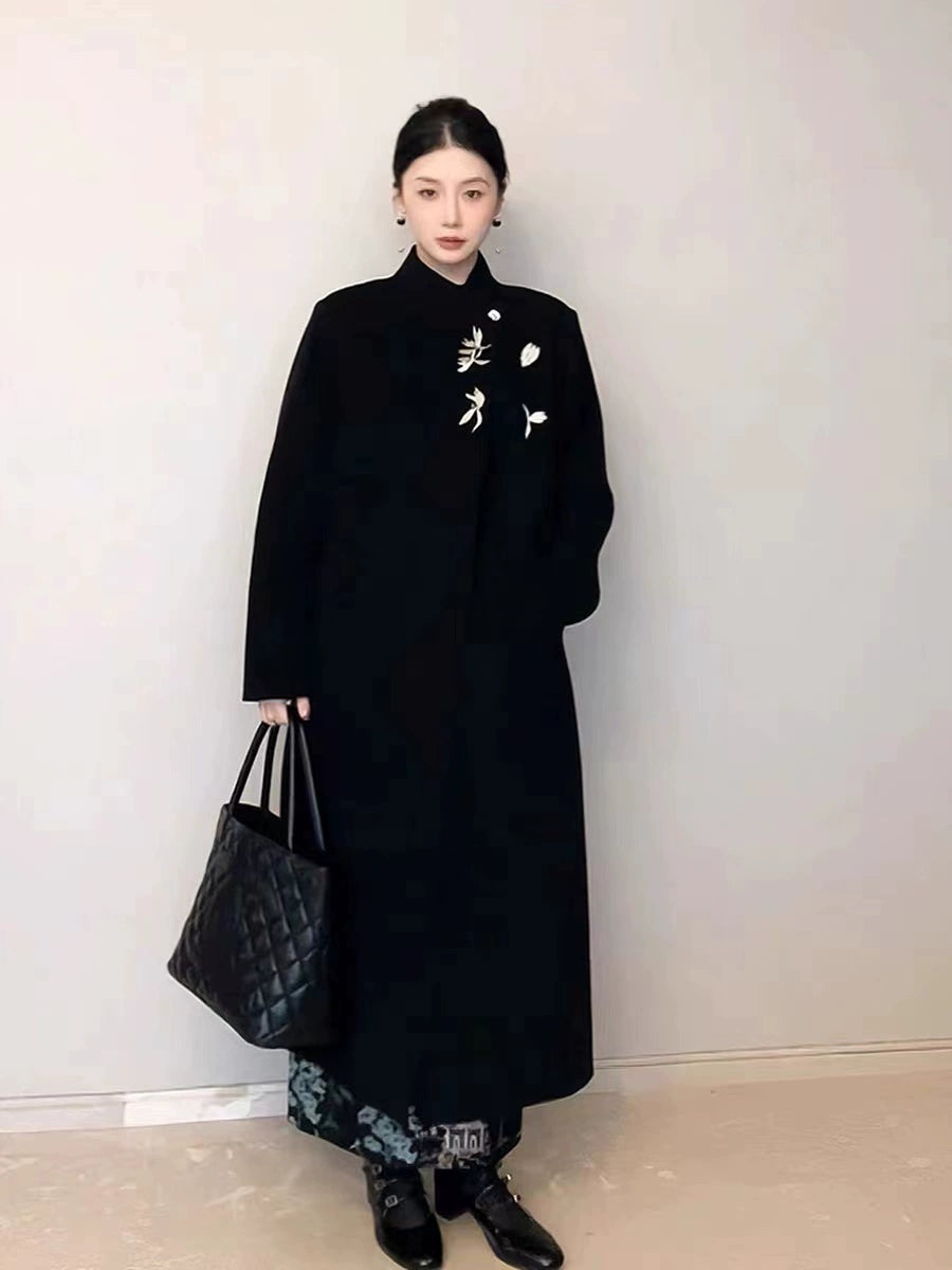 Women's 2025 A/W New Chinese Stand-up Collar Double-faced Cashmere Coat | Embroidered Long Woolen Outerwear