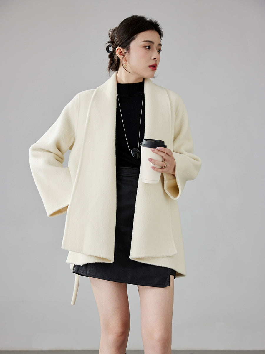Women's 2025 A/W New Korean Petite Double-sided Cashmere Coat | Robe-style Tie Waist Woolen Outerwear
