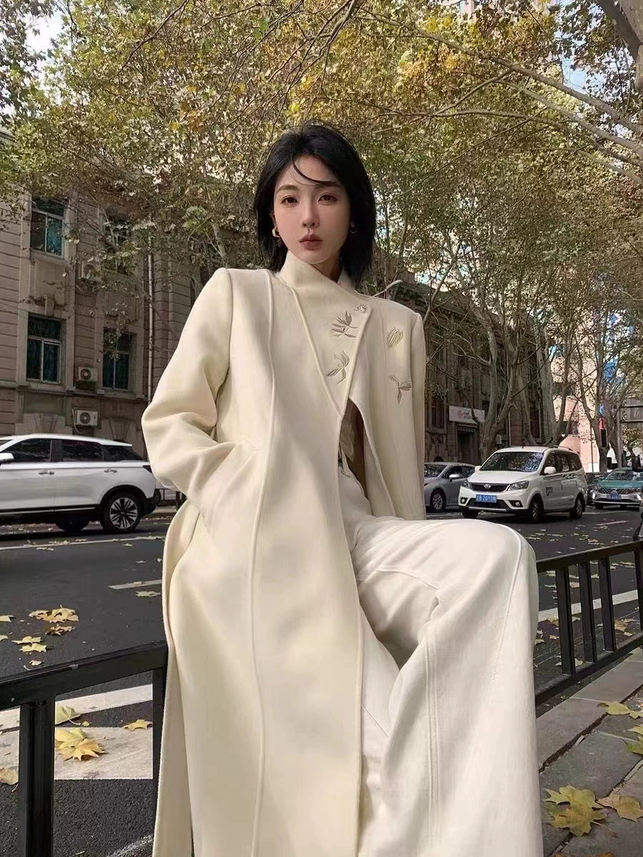 Women's 2025 A/W New Chinese Stand-up Collar Double-faced Cashmere Coat | Embroidered Long Woolen Outerwear