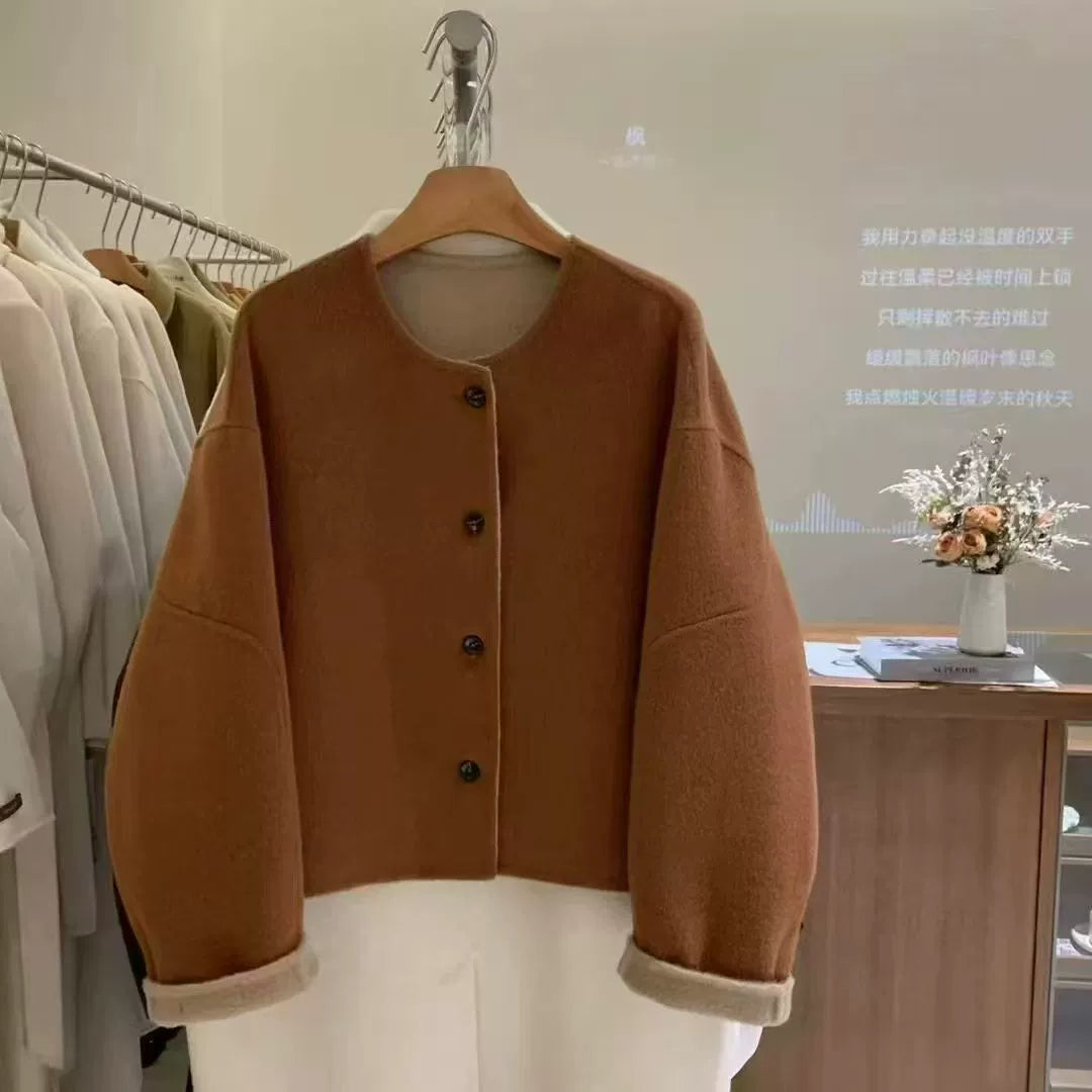 Women's 2025 Autumn Short Double-faced Wool Coat | Retro Color-blocking High-end Tweed Round Neck Slim Outerwear