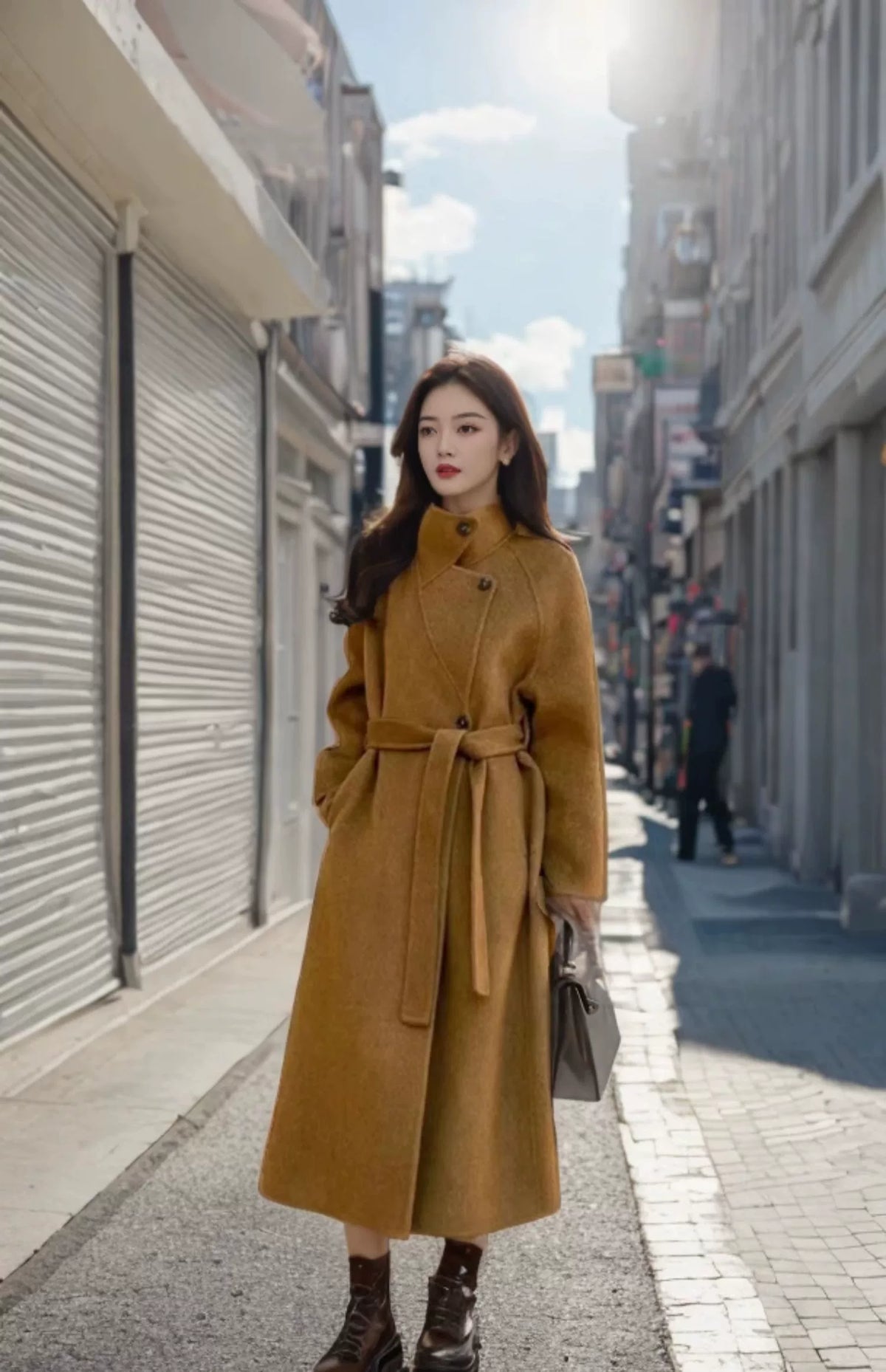 Women's 2025 A/W New High-end Stand-up Collar Double-faced Cashmere Coat |Loose Waist-cinching Mid-length Outerwear