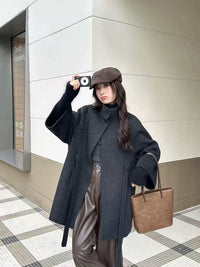 Women's High-End Double-Faced Cashmere Coat, New Autumn & Winter Style, Korean Version, Loose Cloak with Stand Collar, Waist-Tie Slim-Fit Design