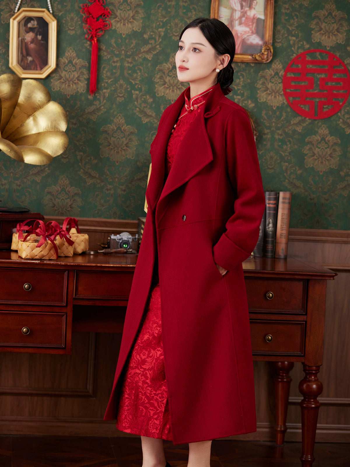 Women's 2025 A/W New Chinese National Wind Black Double-sided Cashmere Coat | Retro Button Mid-length Woolen Outerwear