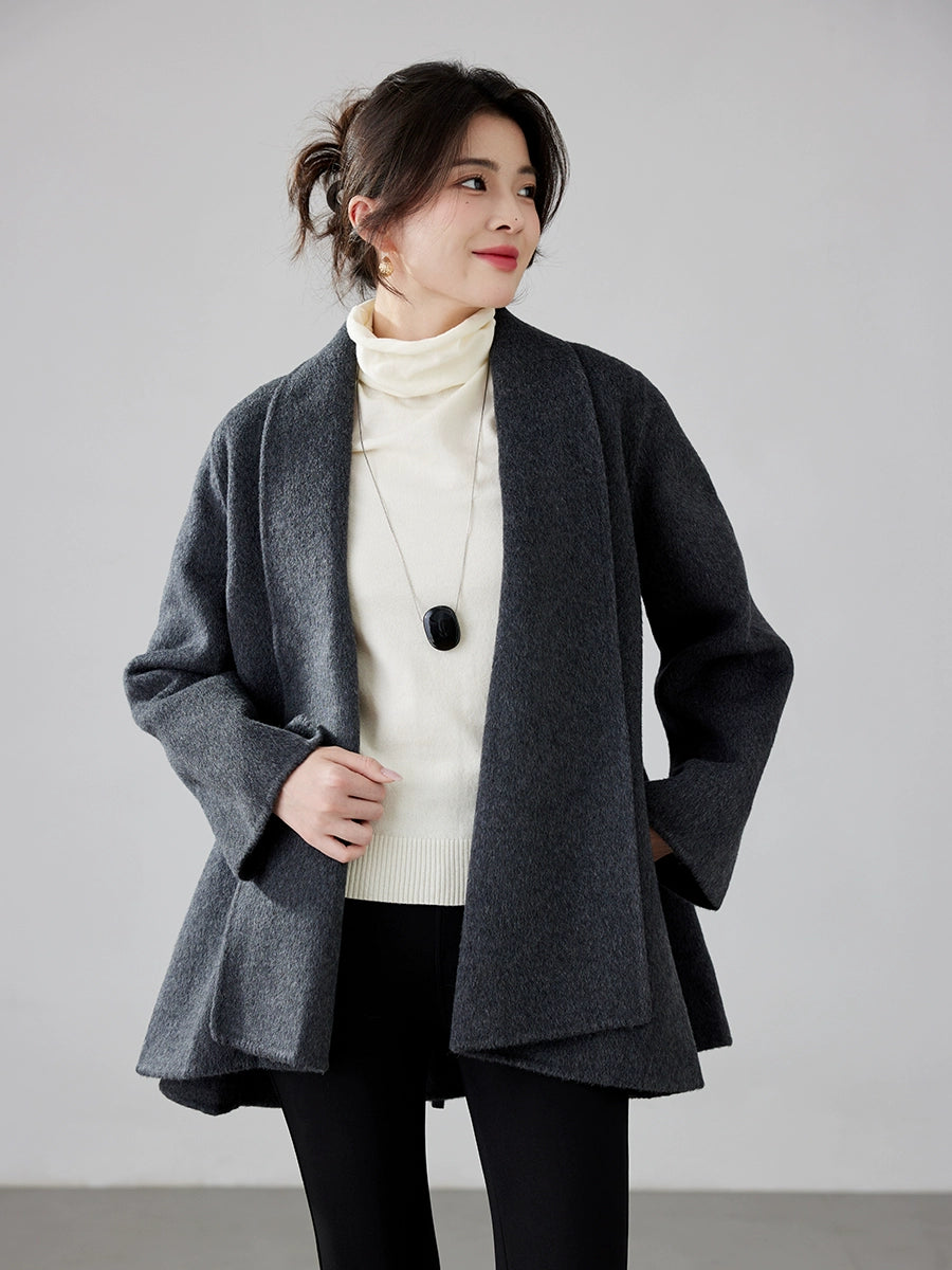 Women's 2025 A/W New Korean Petite Double-sided Cashmere Coat | Robe-style Tie Waist Woolen Outerwear