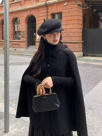 Women's Black Shawl-Collar Cloak Coat | Double-Faced Cashmere & Wool Blend | New Autumn/Winter | Noble Lady Elegant High-End Style