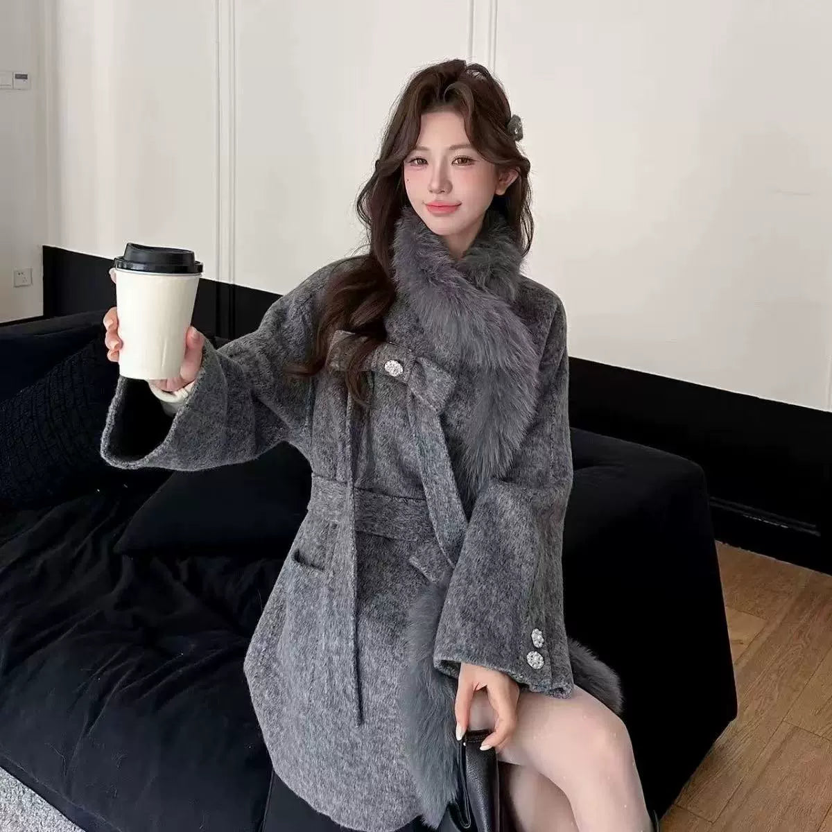 2025 Autumn & Winter New Women's Double-Sided Cashmere Coat with Purple Fox Fur Collar - Elegant Bow-Detailed Woolen Outerwear