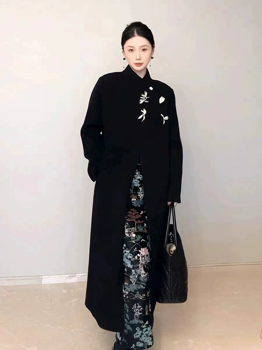 Women's 2025 A/W New Chinese Stand-up Collar Double-faced Cashmere Coat | Embroidered Long Woolen Outerwear