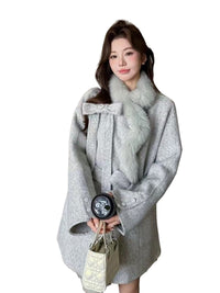 2025 Autumn & Winter New Women's Double-Sided Cashmere Coat with Purple Fox Fur Collar - Elegant Bow-Detailed Woolen Outerwear