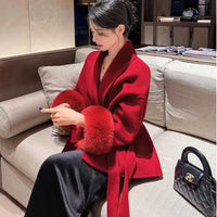 Women's red double-sided cashmere coat, new style for autumn and winter, with a noble lady temperament, fox fur cuffs, short coat for brides' wedding