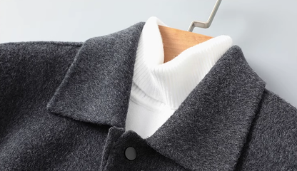 Fineryclothes Men's Wool Blend Jacket with Leather Collar, Gray, Full-Zip Winter Coat with Button Cuffs