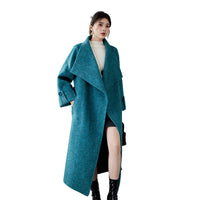 Fineryclothes Women's High-end Mid-length Blue Double-sided Cashmere Coat | Casual Style, Classic Wide Lapel Woolen Outerwear