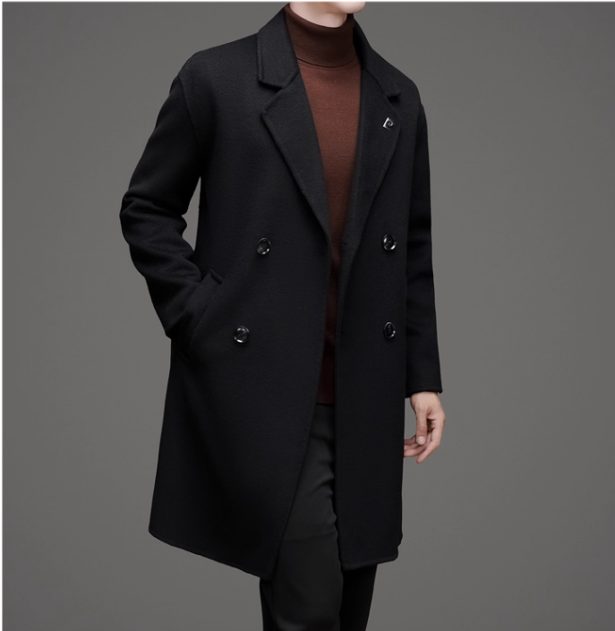 Fineryclothes Men's Double-Breasted Wool Blend Overcoat, Brown, Mid-Length Winter Coat with Notched Lapel