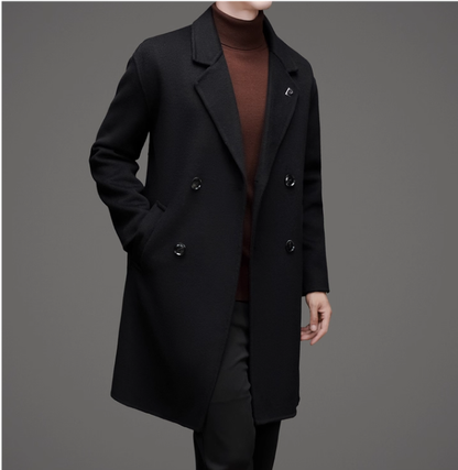 Fineryclothes Men's Double-Breasted Wool Blend Overcoat, Brown, Mid-Length Winter Coat with Notched Lapel