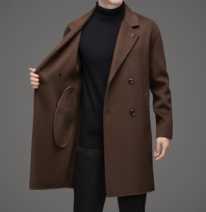 Fineryclothes Men's Double-Breasted Wool Blend Overcoat, Brown, Mid-Length Winter Coat with Notched Lapel