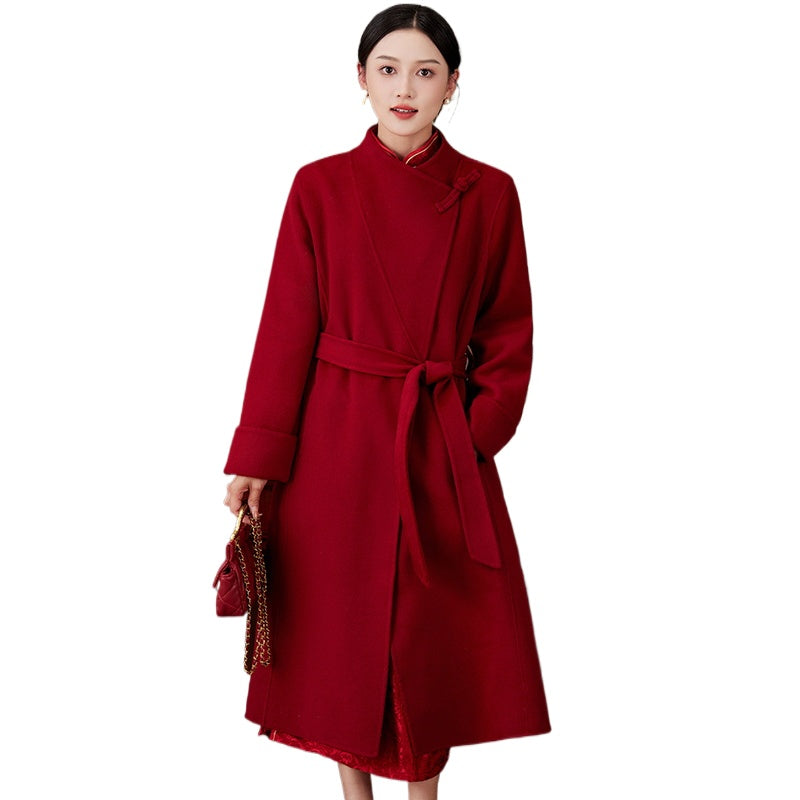 Women's 2025 A/W New Chinese National Wind Black Double-sided Cashmere Coat | Retro Button Mid-length Woolen Outerwear