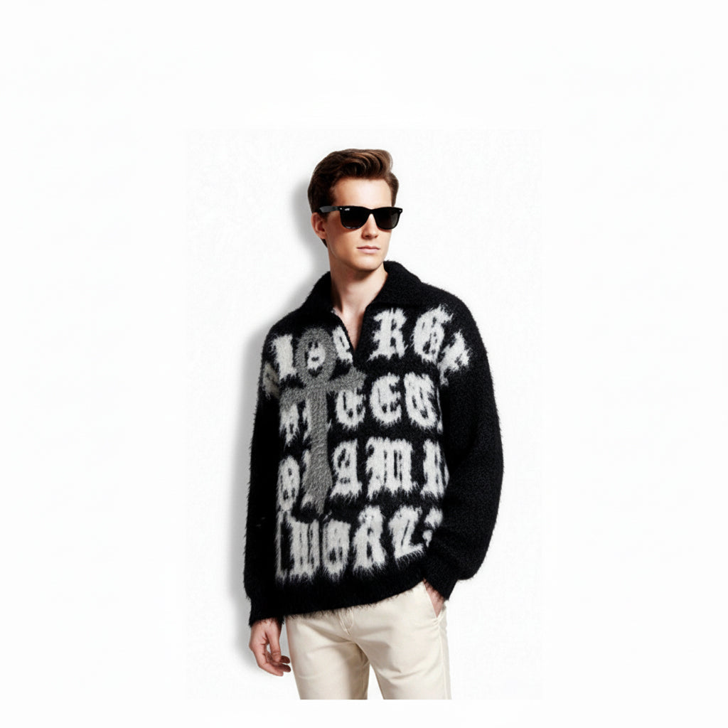 Fineryclothes Fuzzy Text Graphic Sweater, Black and White, Oversized Typography Design