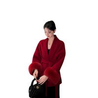 Women's red double-sided cashmere coat, new style for autumn and winter, with a noble lady temperament, fox fur cuffs, short coat for brides' wedding