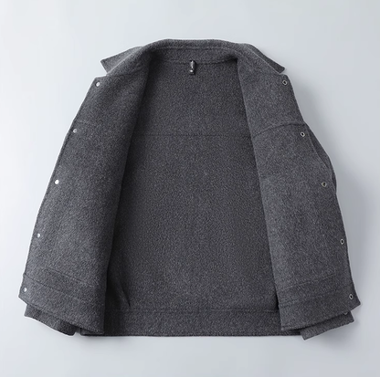 Fineryclothes Men's Wool Blend Jacket with Leather Collar, Gray, Full-Zip Winter Coat with Button Cuffs