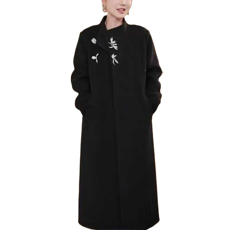 Women's 2025 A/W New Chinese Stand-up Collar Double-faced Cashmere Coat | Embroidered Long Woolen Outerwear