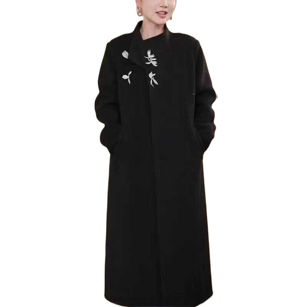 Women's 2025 A/W New Chinese Stand-up Collar Double-faced Cashmere Coat | Embroidered Long Woolen Outerwear